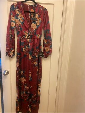 Lulu's Burgundy Floral Wrap Maxi Dress with Teal & Cream Accents